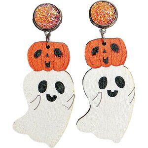 Halloween Cute Ghost Pumpkin Wooden Resin Acrylic Dangle Earrings Cartoon Ghost